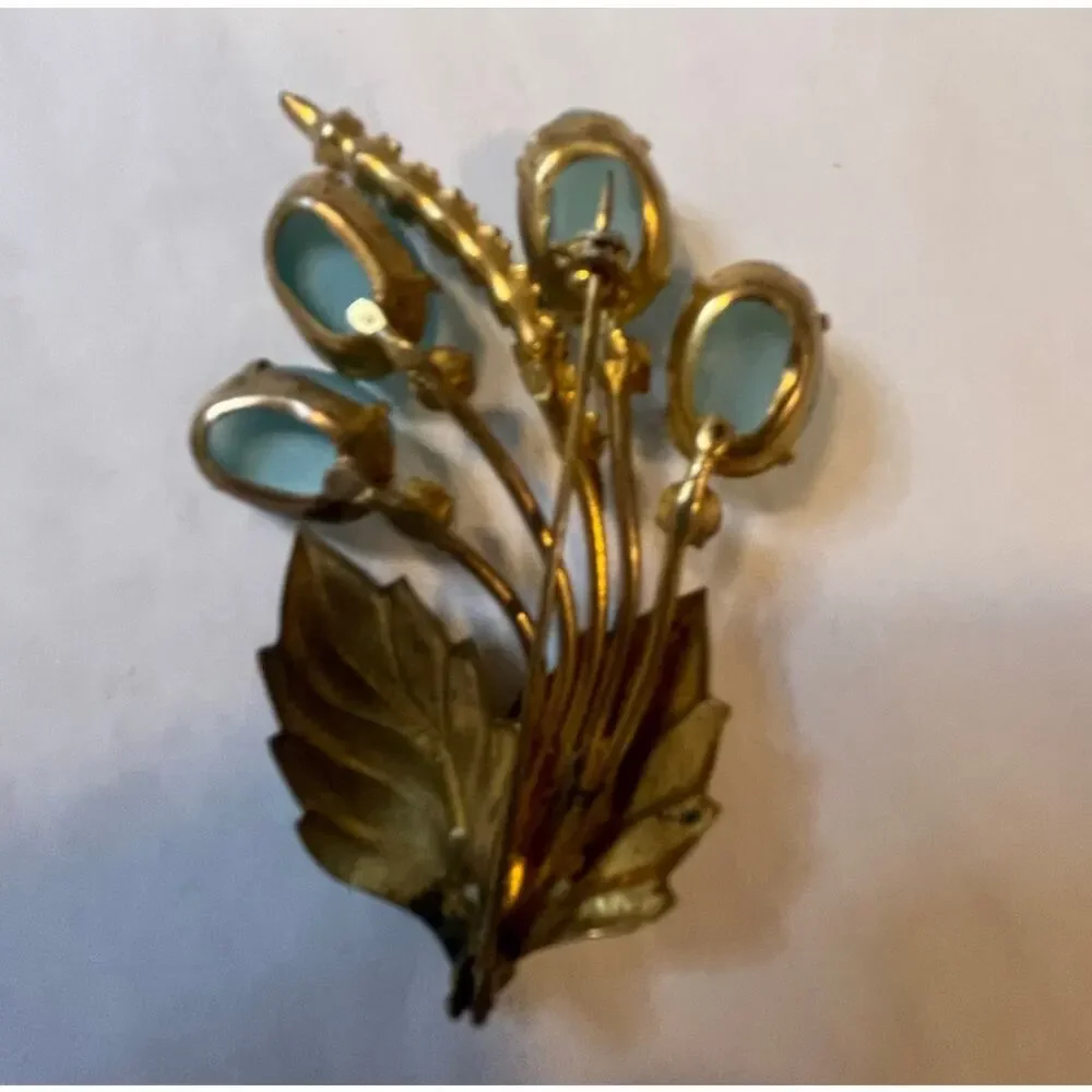 Brooch - Vintage mid-century sky blue and rhinestone brooch